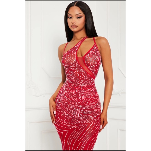 Fashion Nova Sarina Rhinestone Embellished Asymmetric Red Mesh Maxi Dress Gown S - Picture 2 of 3